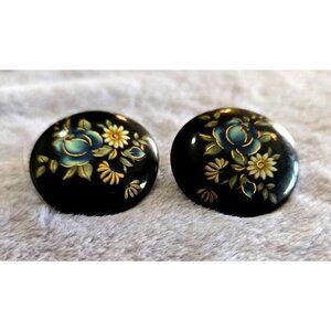 Vintage Black Enamel Floral Earrings 1" Round Hand Painted Wood Stud Post
